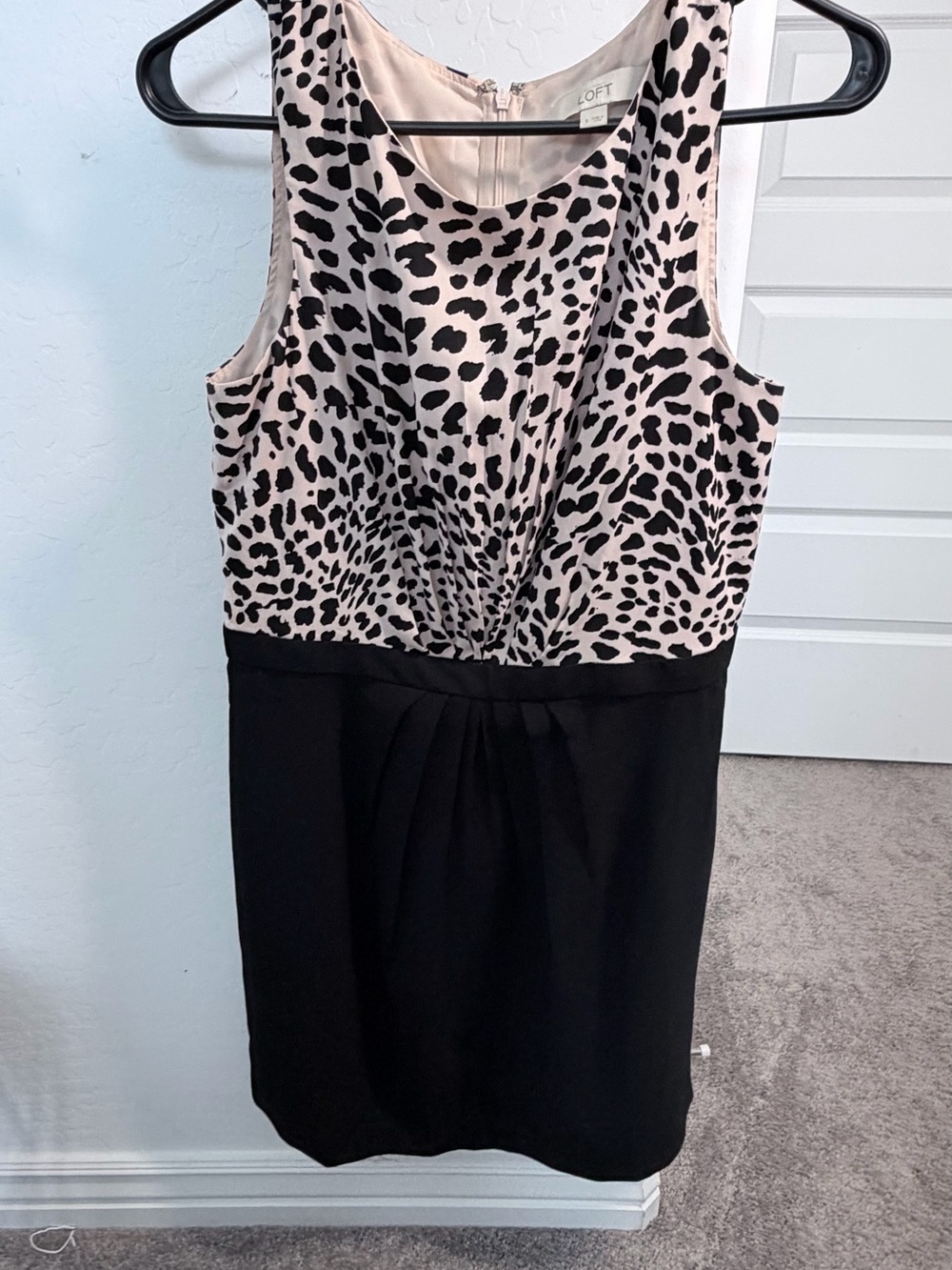 LOFT Pink Leopard-Print Bodice Black Midi Sheath Dress